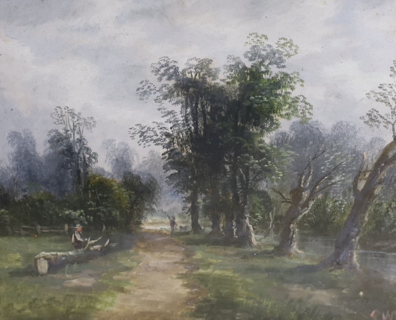 19th century English School, ink and watercolour, View of Charlton Musgrove House, Wincanton, Somerset, 13 x 24cm, an oil on board, Sketch of a woodland path, 15 x 17cm and unframed oil on canvas, Moorland scene, 25 x 46